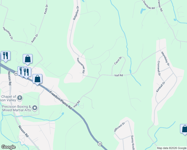 map of restaurants, bars, coffee shops, grocery stores, and more near 21 Vail Road in Poughkeepsie