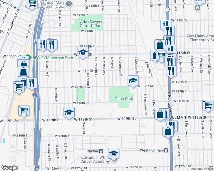 map of restaurants, bars, coffee shops, grocery stores, and more near 11636 South May Street in Chicago