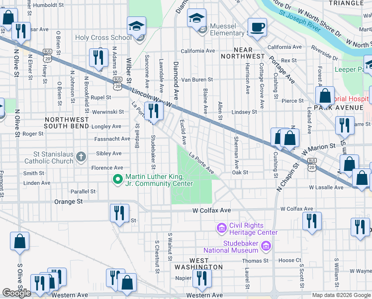 map of restaurants, bars, coffee shops, grocery stores, and more near 502 Euclid Avenue in South Bend