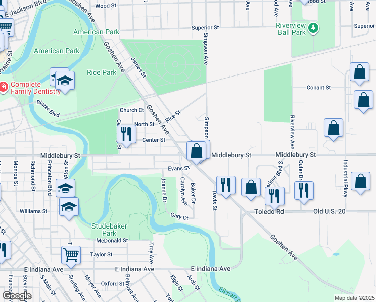 map of restaurants, bars, coffee shops, grocery stores, and more near 1204 Middlebury Street in Elkhart