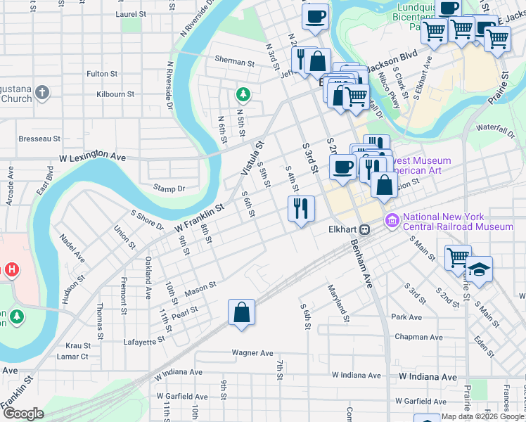 map of restaurants, bars, coffee shops, grocery stores, and more near 525 West Franklin Street in Elkhart