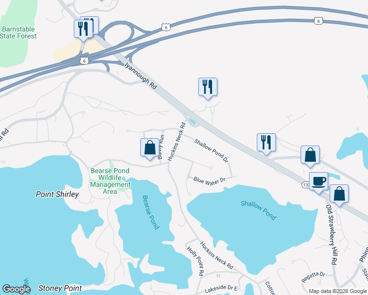 map of restaurants, bars, coffee shops, grocery stores, and more near 589 Huckins Neck Road in Barnstable
