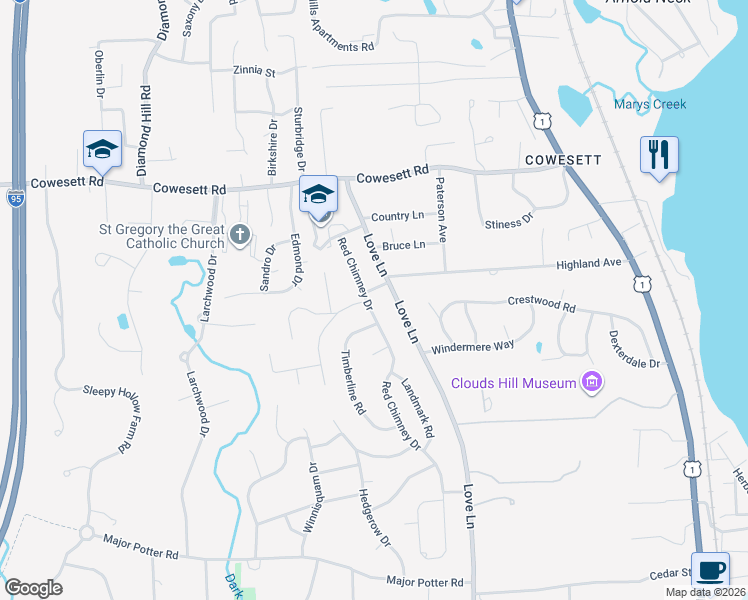 map of restaurants, bars, coffee shops, grocery stores, and more near 141 Love Lane in Warwick