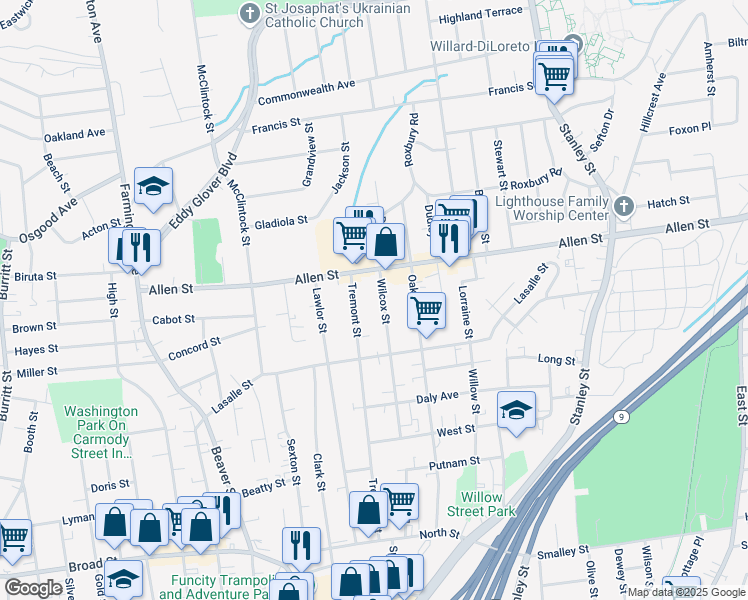 map of restaurants, bars, coffee shops, grocery stores, and more near 295 Tremont Street in New Britain