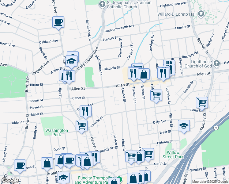 map of restaurants, bars, coffee shops, grocery stores, and more near 6 Atlantic Street in New Britain