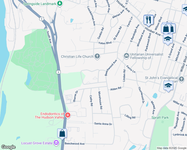 map of restaurants, bars, coffee shops, grocery stores, and more near 8 Maple Grove Lane in Poughkeepsie