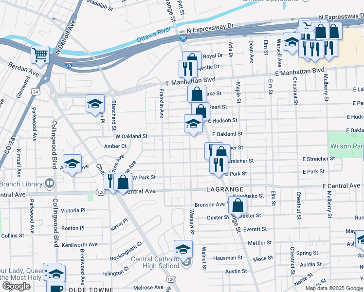 map of restaurants, bars, coffee shops, grocery stores, and more near 3241 Warsaw Street in Toledo