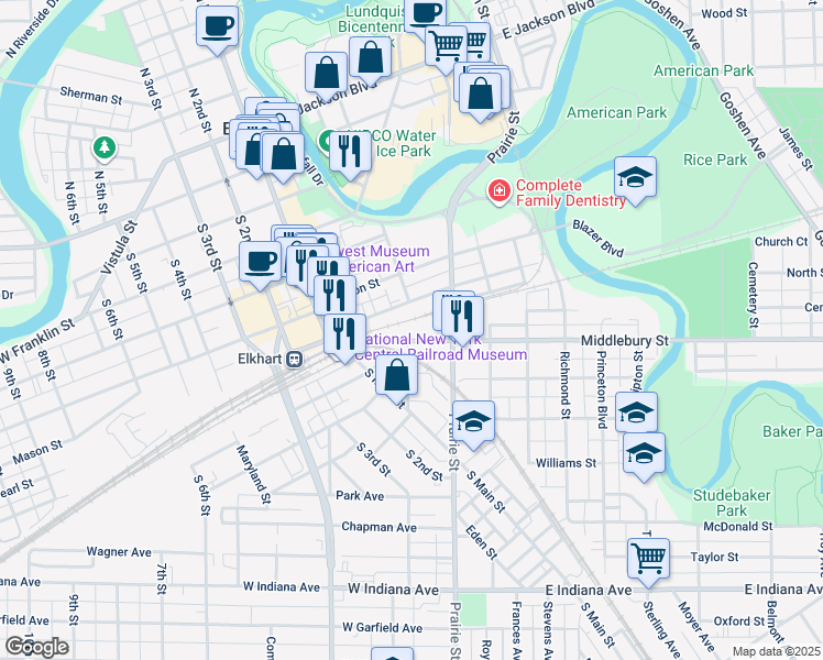 map of restaurants, bars, coffee shops, grocery stores, and more near 211-215 State Street in Elkhart
