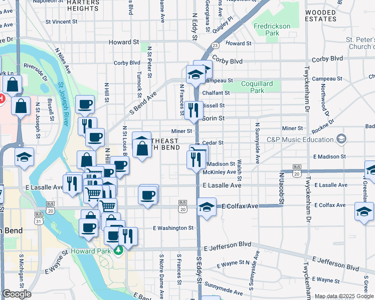 map of restaurants, bars, coffee shops, grocery stores, and more near 1007 Cedar Street in South Bend