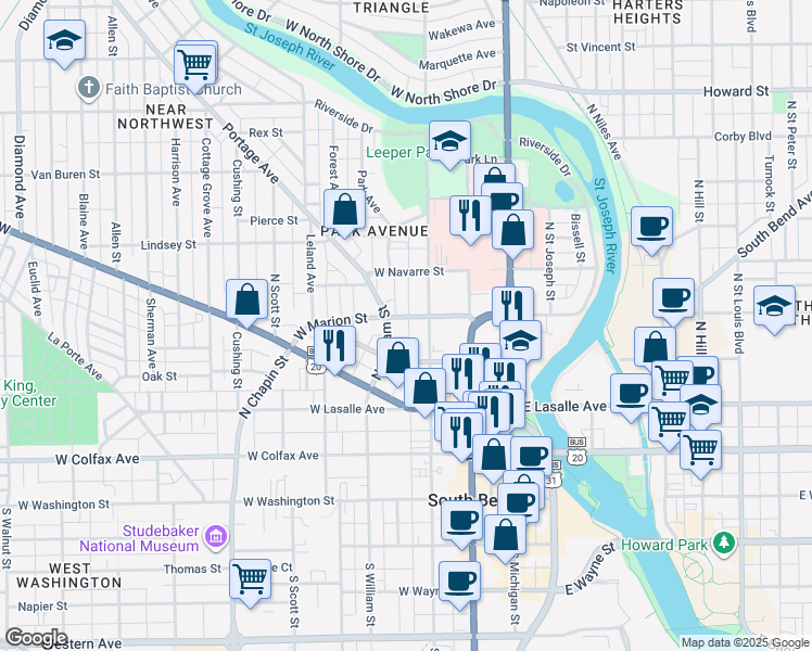 map of restaurants, bars, coffee shops, grocery stores, and more near 311 West Marion Street in South Bend