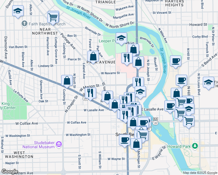 map of restaurants, bars, coffee shops, grocery stores, and more near 311 West Marion Street in South Bend