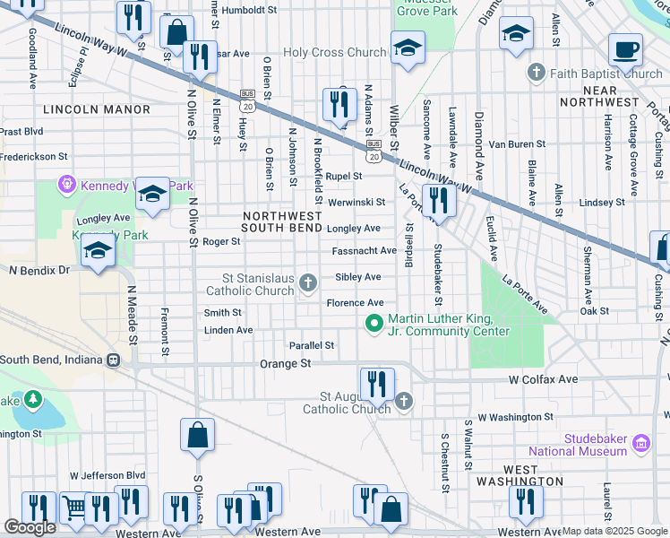 map of restaurants, bars, coffee shops, grocery stores, and more near 1802 Fassnacht Avenue in South Bend