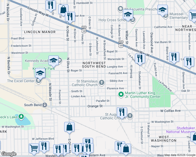 map of restaurants, bars, coffee shops, grocery stores, and more near 1998 Fassnacht Avenue in South Bend