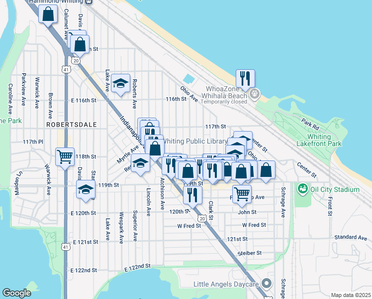 map of restaurants, bars, coffee shops, grocery stores, and more near 1722 Central Avenue in Whiting