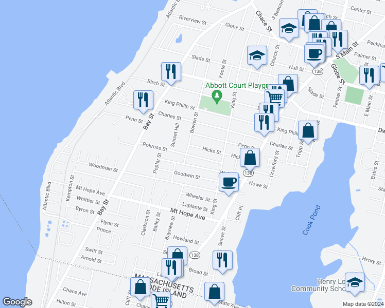 map of restaurants, bars, coffee shops, grocery stores, and more near 538 Pokross Street in Fall River