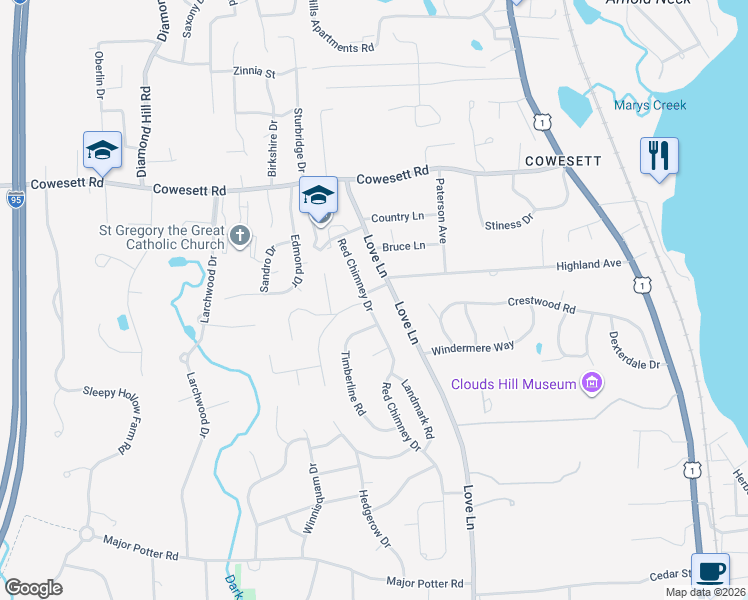 map of restaurants, bars, coffee shops, grocery stores, and more near 141 Love Lane in Warwick