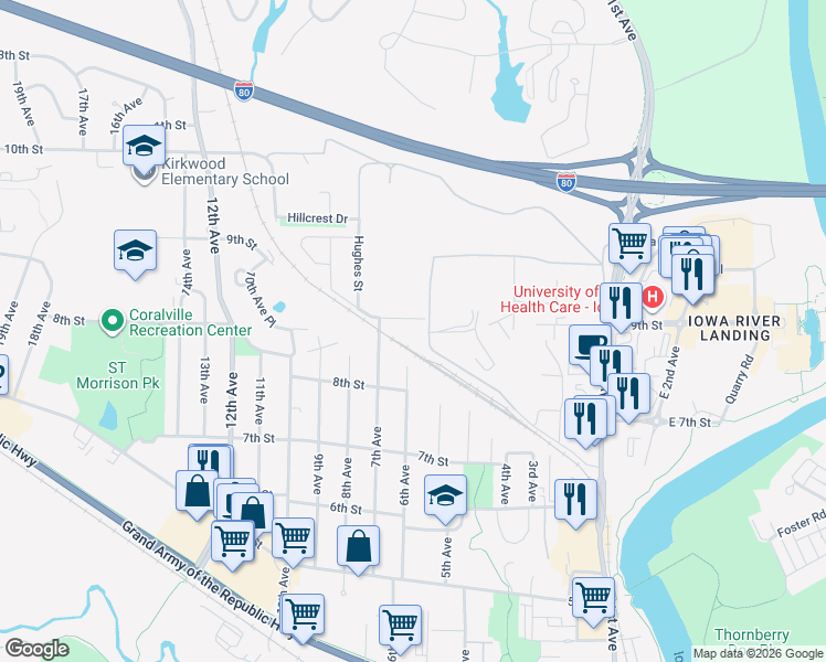 map of restaurants, bars, coffee shops, grocery stores, and more near 609 Fairchild Street in Coralville