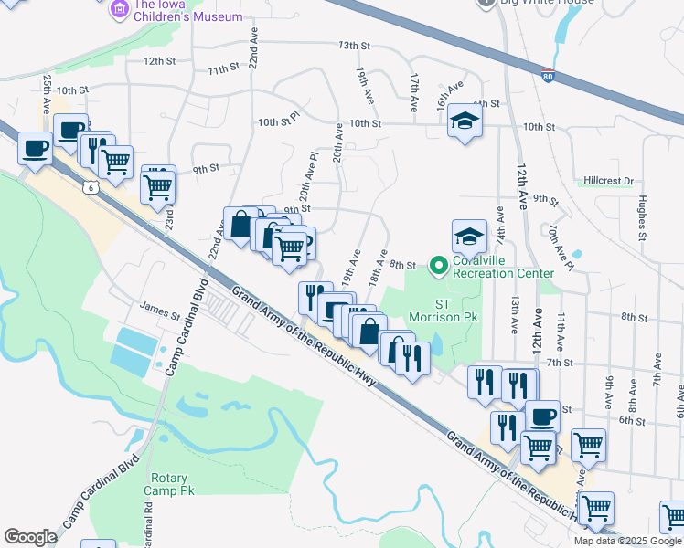 map of restaurants, bars, coffee shops, grocery stores, and more near 712 19th Avenue in Coralville