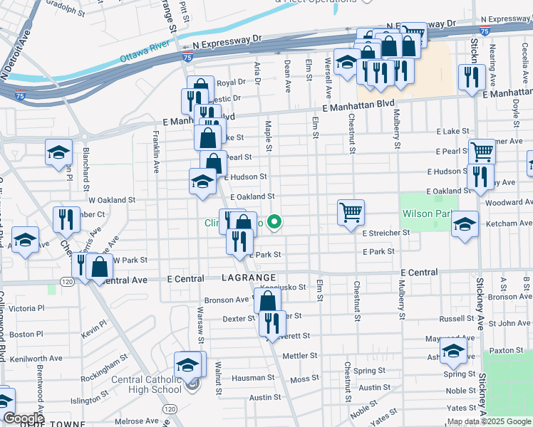 map of restaurants, bars, coffee shops, grocery stores, and more near 3227 Maple Street in Toledo