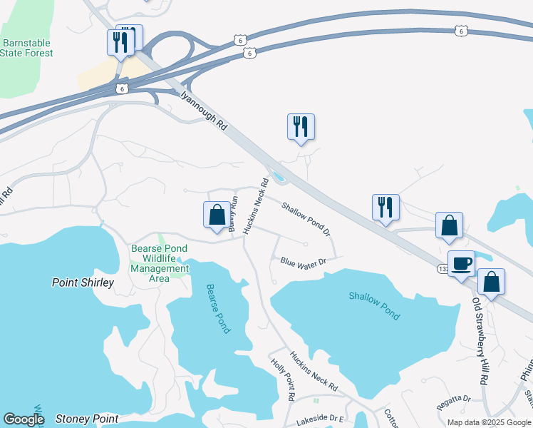 map of restaurants, bars, coffee shops, grocery stores, and more near 589 Huckins Neck Road in Barnstable