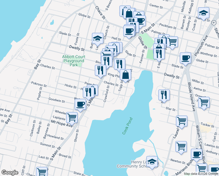 map of restaurants, bars, coffee shops, grocery stores, and more near 852 Charles Street in Fall River