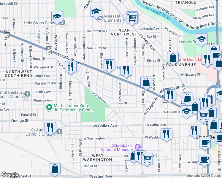 map of restaurants, bars, coffee shops, grocery stores, and more near 521 Allen Street in South Bend