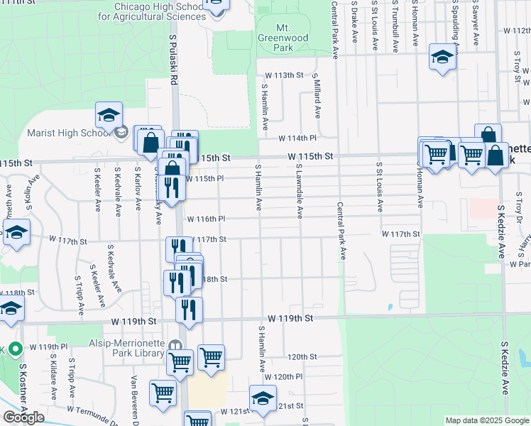 map of restaurants, bars, coffee shops, grocery stores, and more near 3754 West 116th Place in Alsip