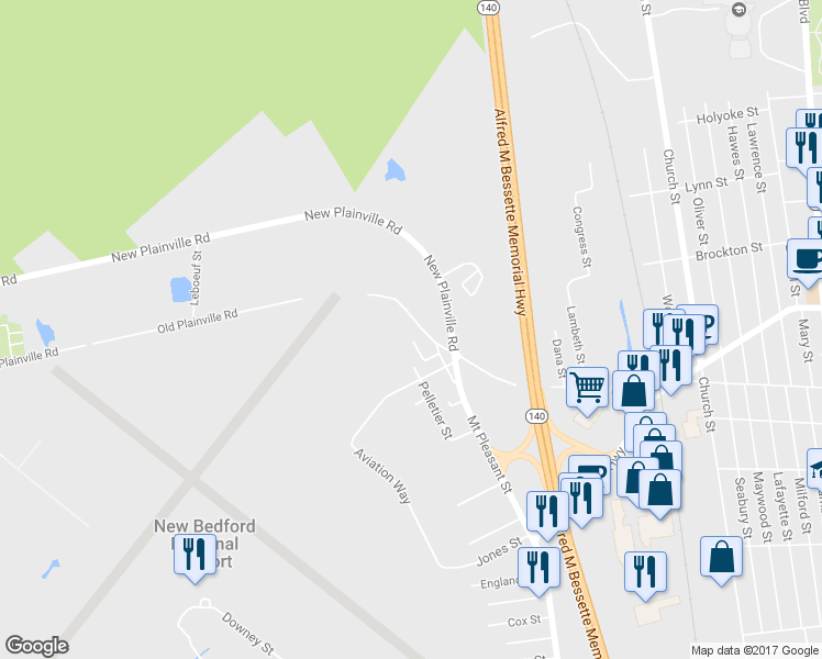 map of restaurants, bars, coffee shops, grocery stores, and more near 904 Old Plainville Road in New Bedford