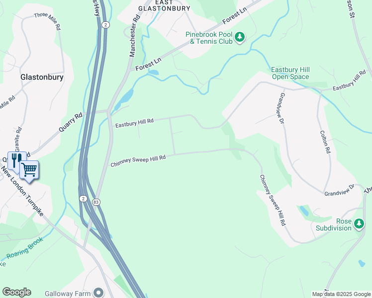 map of restaurants, bars, coffee shops, grocery stores, and more near 155 Chimney Sweep Hill Road in Glastonbury