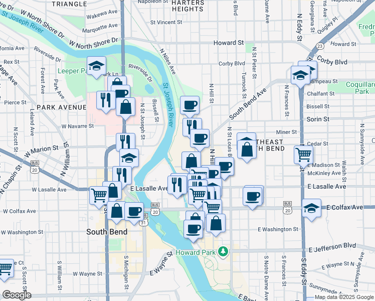 map of restaurants, bars, coffee shops, grocery stores, and more near 437 North Niles Avenue in South Bend