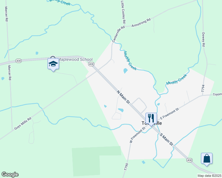 map of restaurants, bars, coffee shops, grocery stores, and more near in Townville