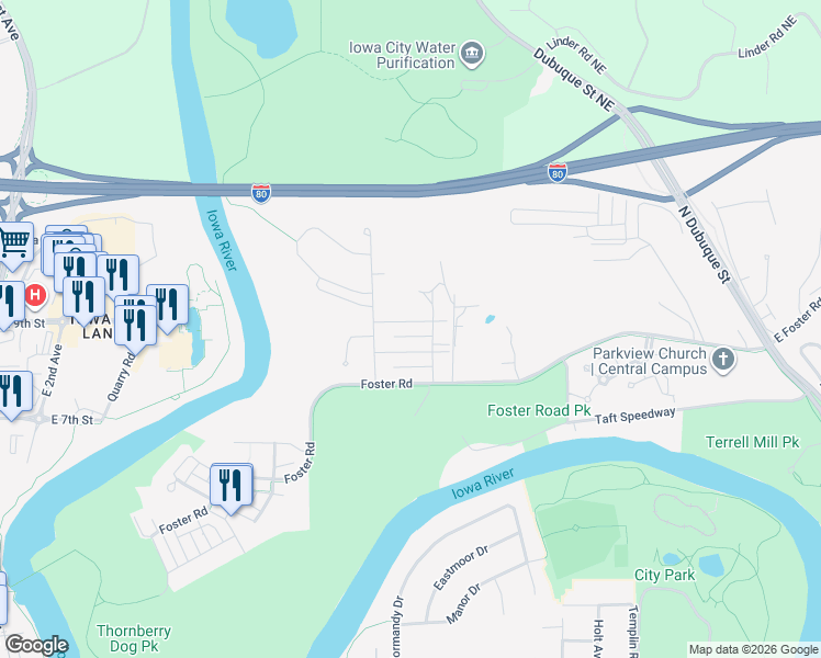 map of restaurants, bars, coffee shops, grocery stores, and more near 738 Mission Point Road in Iowa City