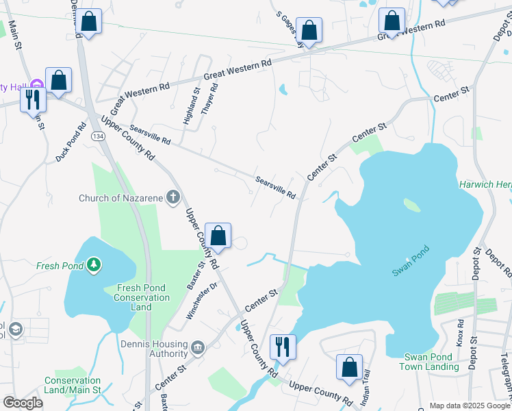 map of restaurants, bars, coffee shops, grocery stores, and more near 157 Searsville Road in Dennis