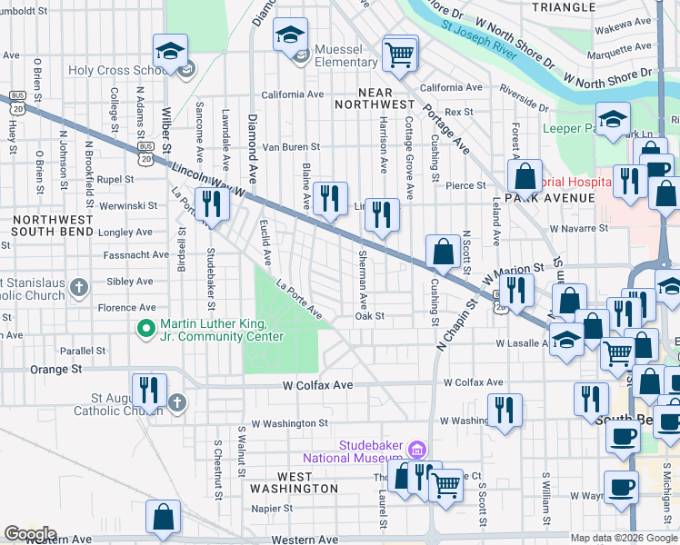 map of restaurants, bars, coffee shops, grocery stores, and more near 521 Allen St in South Bend