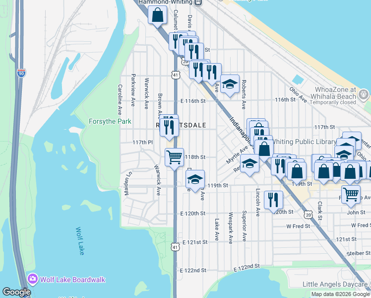 map of restaurants, bars, coffee shops, grocery stores, and more near 1725 Davis Avenue in Whiting