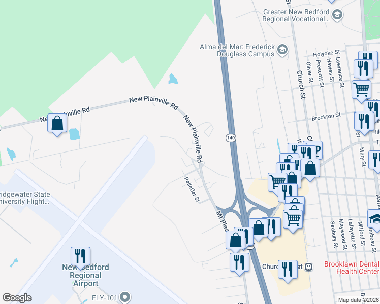 map of restaurants, bars, coffee shops, grocery stores, and more near 904 Old Plainville Road in New Bedford