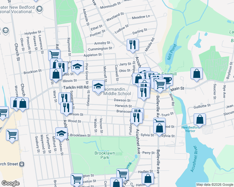 map of restaurants, bars, coffee shops, grocery stores, and more near 31 Holden Street in New Bedford