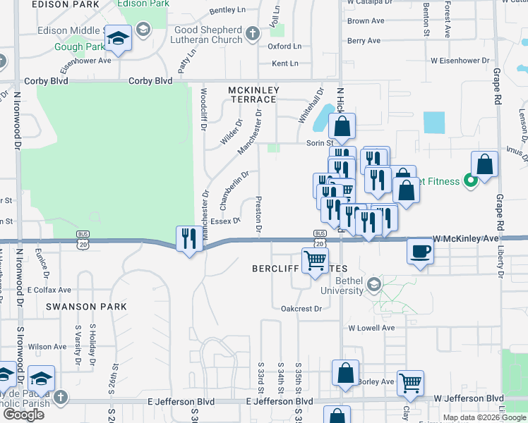 map of restaurants, bars, coffee shops, grocery stores, and more near 300-430 Preston Drive in South Bend