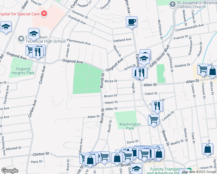 map of restaurants, bars, coffee shops, grocery stores, and more near 126 Biruta Street in New Britain