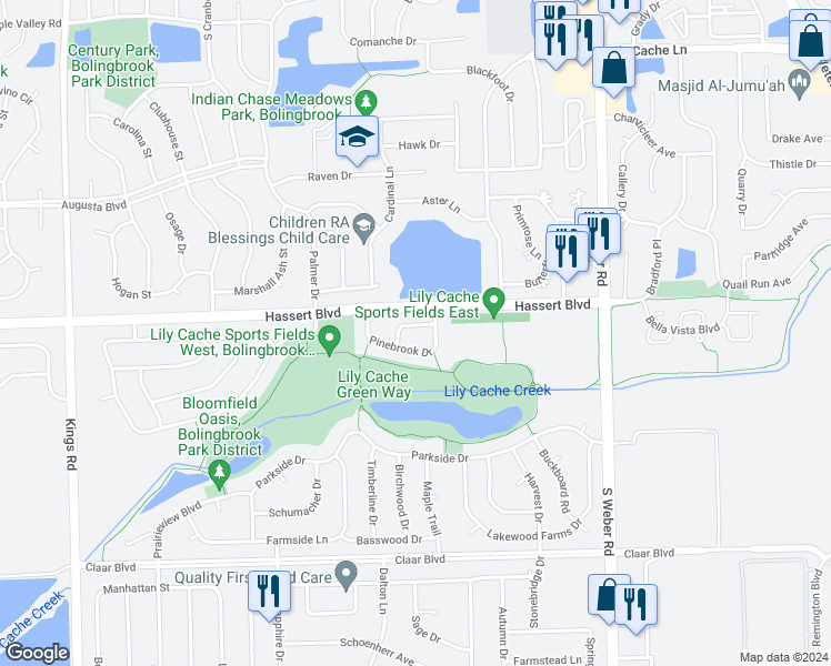 map of restaurants, bars, coffee shops, grocery stores, and more near 1437 White Pine Lane in Bolingbrook