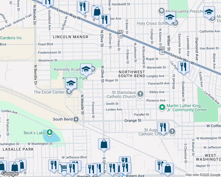map of restaurants, bars, coffee shops, grocery stores, and more near 2301 Bertrand Street in South Bend