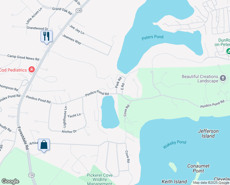 map of restaurants, bars, coffee shops, grocery stores, and more near 7 Park Road in Mashpee