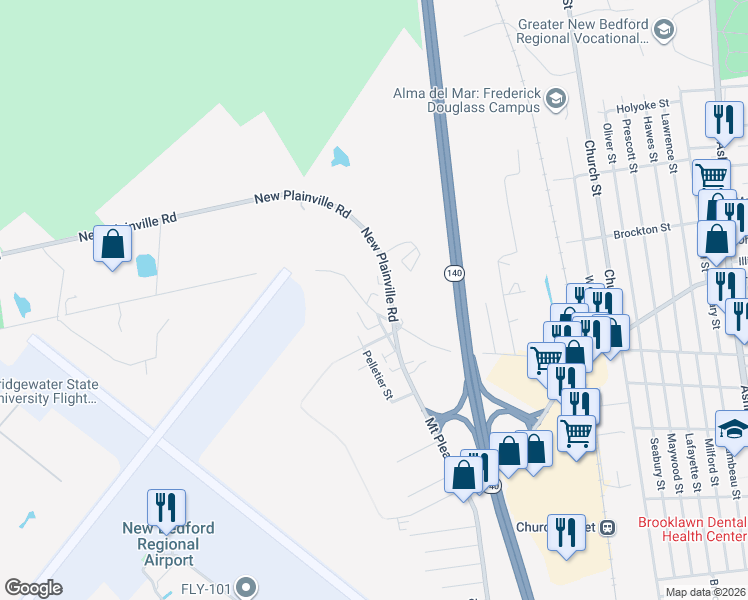 map of restaurants, bars, coffee shops, grocery stores, and more near 904 Old Plainville Road in New Bedford