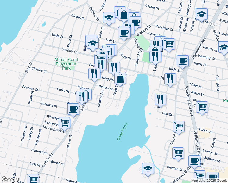 map of restaurants, bars, coffee shops, grocery stores, and more near 156 Tripp Street in Fall River
