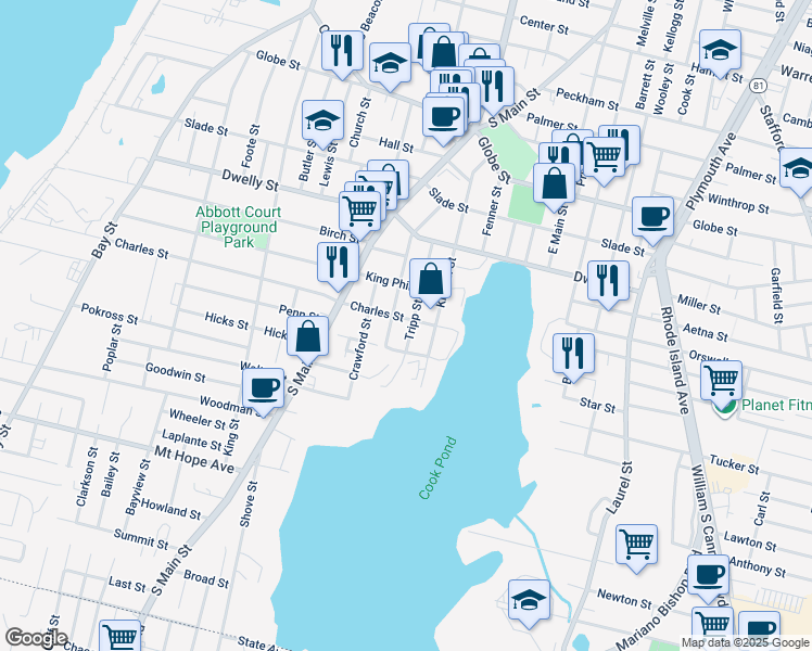 map of restaurants, bars, coffee shops, grocery stores, and more near 156 Tripp Street in Fall River