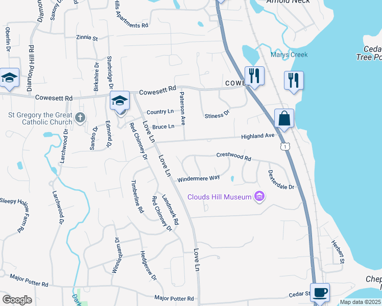 map of restaurants, bars, coffee shops, grocery stores, and more near 206 Highland Avenue in Warwick