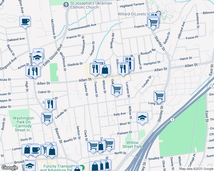 map of restaurants, bars, coffee shops, grocery stores, and more near 181 Wilcox Street in New Britain