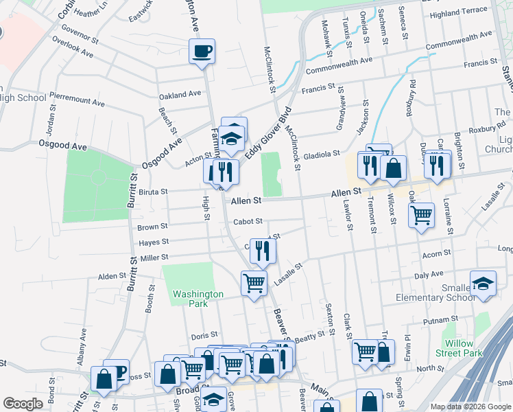 map of restaurants, bars, coffee shops, grocery stores, and more near 36 Allen Street in New Britain