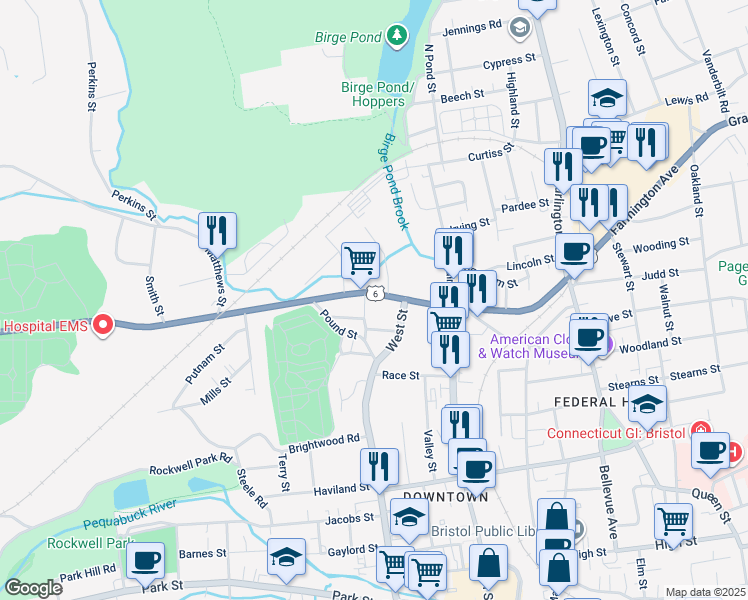 map of restaurants, bars, coffee shops, grocery stores, and more near 50 Terryville Avenue in Bristol