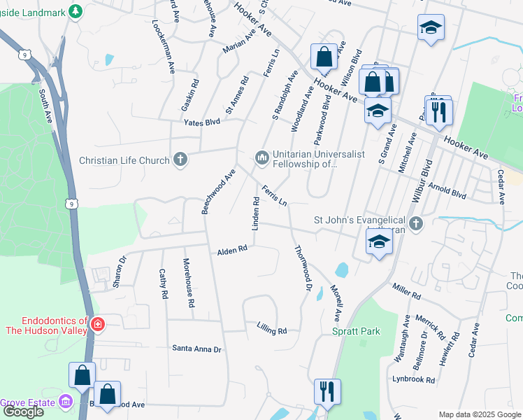 map of restaurants, bars, coffee shops, grocery stores, and more near 6 Linden Road in Poughkeepsie